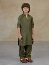 Olive green cotton pathani kurta salwar set