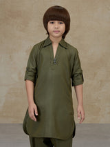 Olive green cotton pathani kurta salwar set