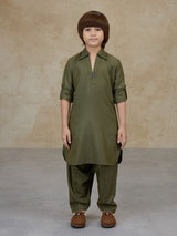 Olive green cotton pathani kurta salwar set