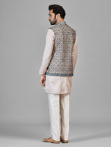 Beige silk waistcoat set with thread detailing for mens