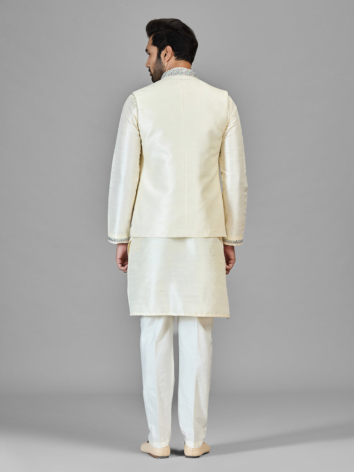 Cream silk waistcoat set with aabla work