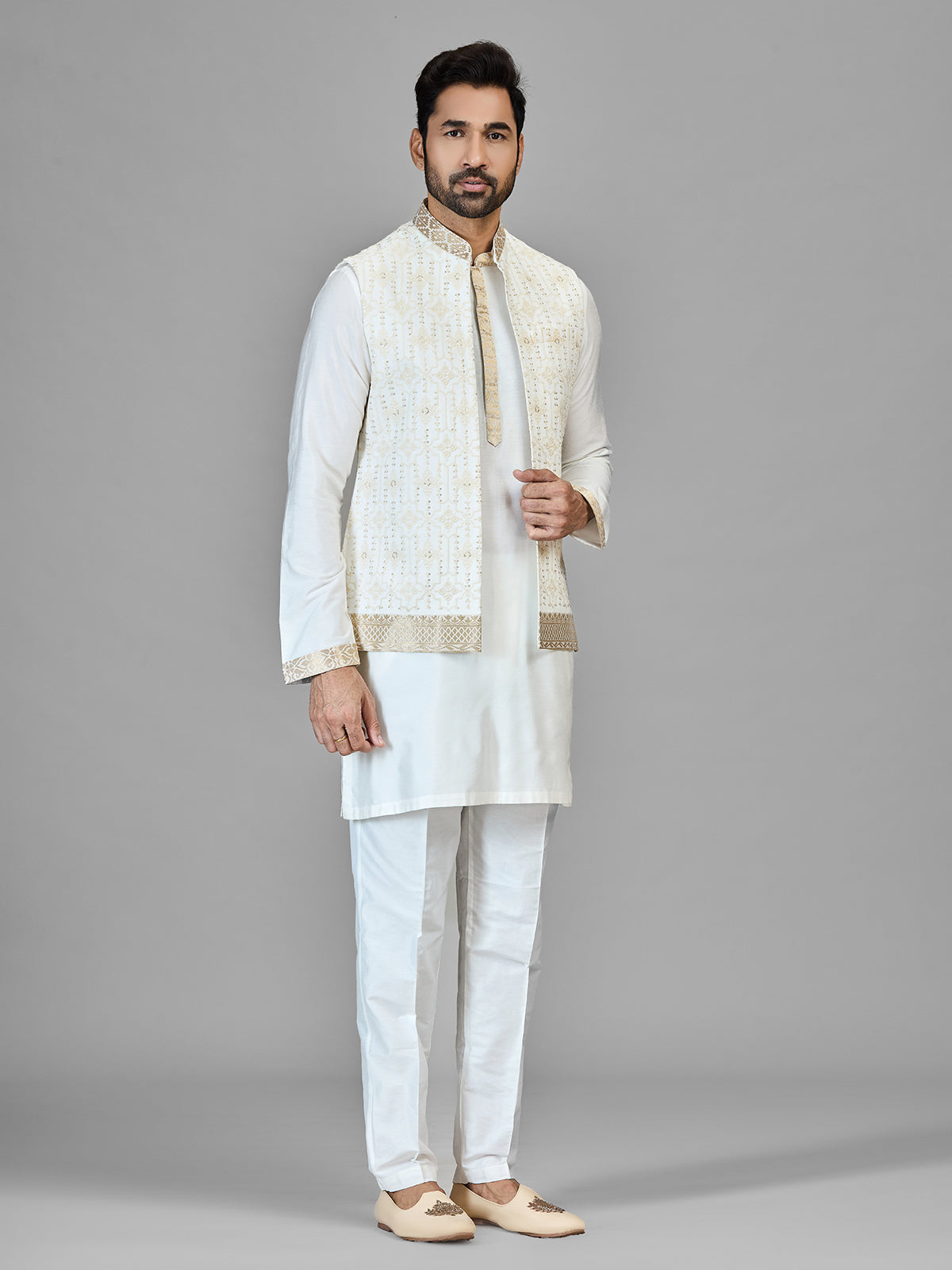 Off white slk waistcoat set with resham and sequins