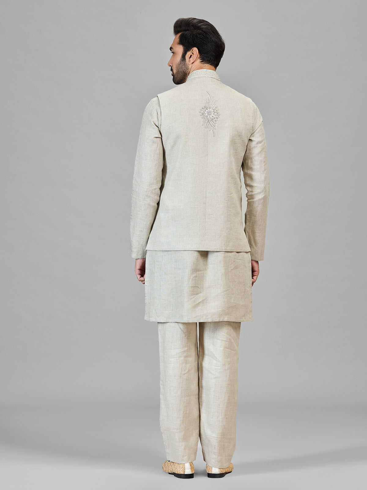 Beige pure linen festive wear waistcoat set