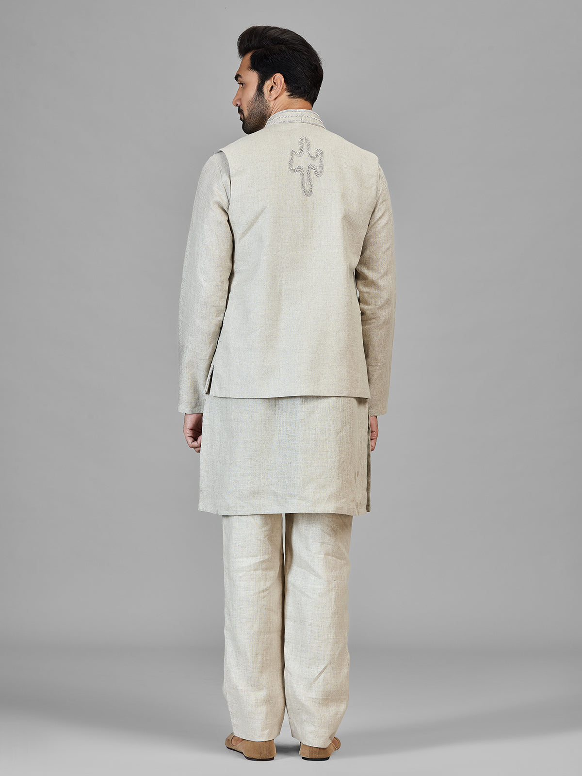 Beige beads worked pure linen wastcoat set