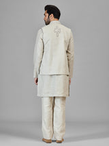 Beige beads worked pure linen wastcoat set