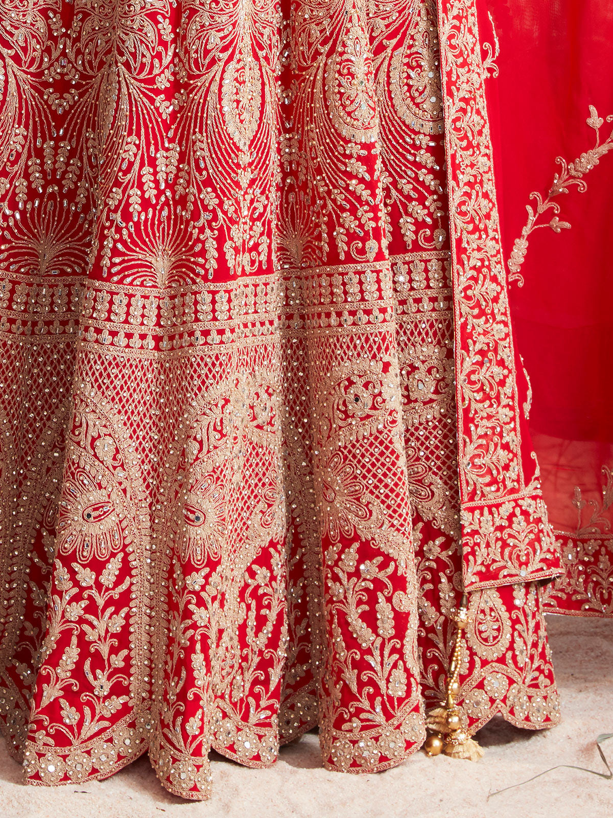 Red georgette heavily embellished floor length gown with dupatta
