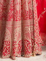 Red georgette heavily embellished floor length gown with dupatta