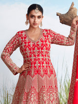 Red georgette heavily embellished floor length gown with dupatta