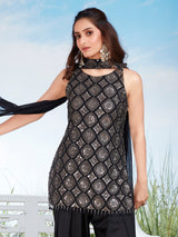Black silk resham sequins cutdana sleeveless salwar set