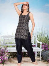 Black silk resham sequins cutdana sleeveless salwar set