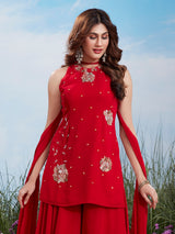 Red georgette sleeveless palazzo partywear ensemble