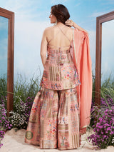 Onion pink silk resham sequins sleeveless sharara set