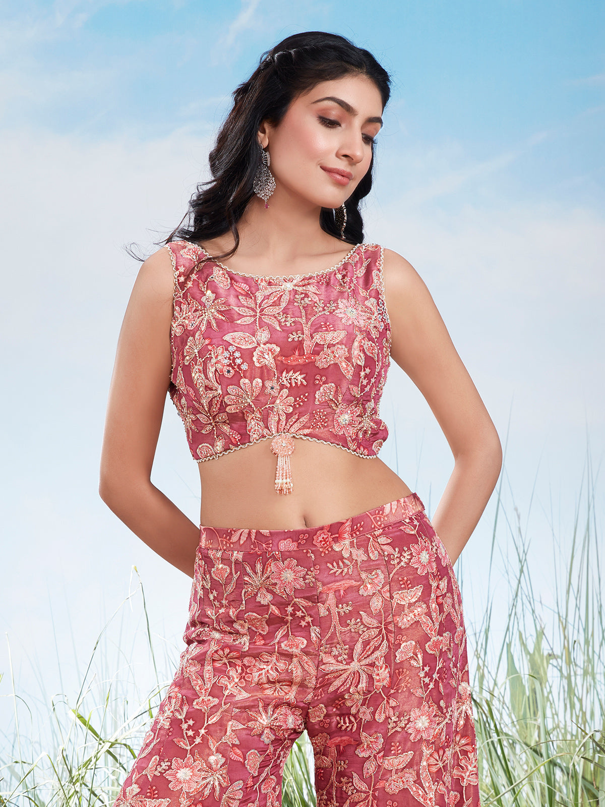 Raspberry pink printed chinon silk palazzo suit