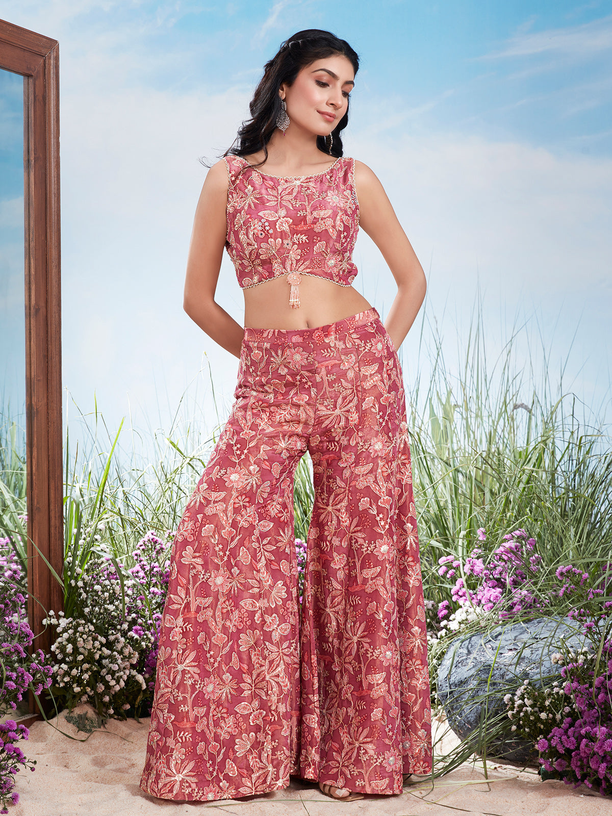 Raspberry pink printed chinon silk palazzo suit