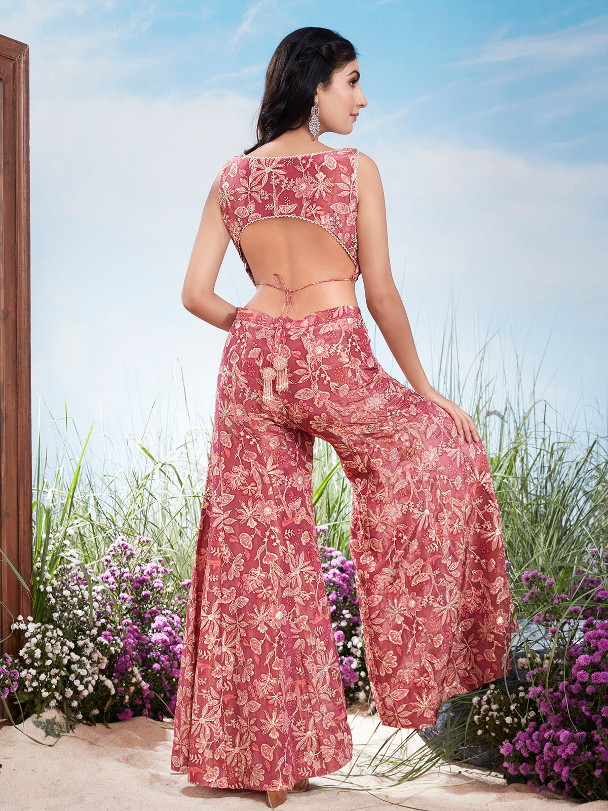 Raspberry pink printed chinon silk palazzo suit