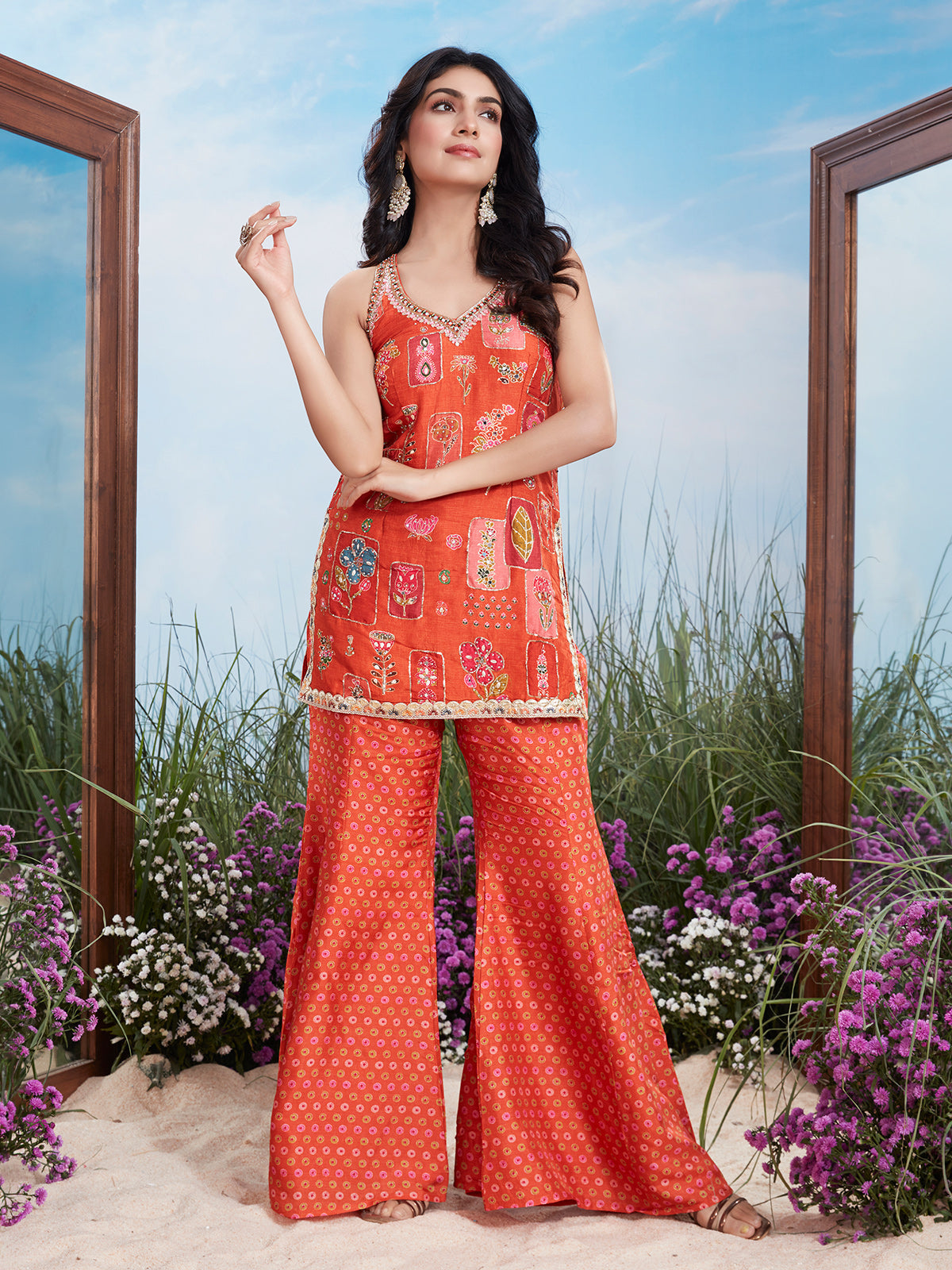 Orange brocade silk zardosi sharara suit with dupatta
