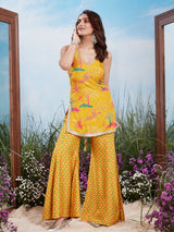 Yellow digital print silk mirror work sharara suit