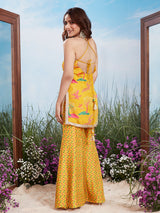 Yellow digital print silk mirror work sharara suit