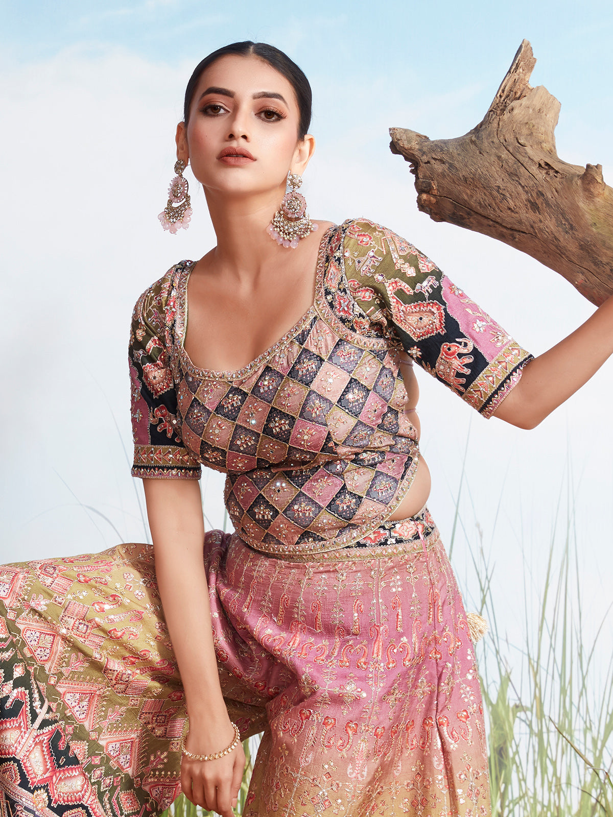 Multicolor elephant motif zari silk palazzo suit