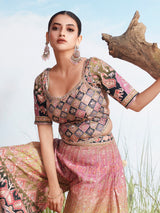Multicolor elephant motif zari silk palazzo suit
