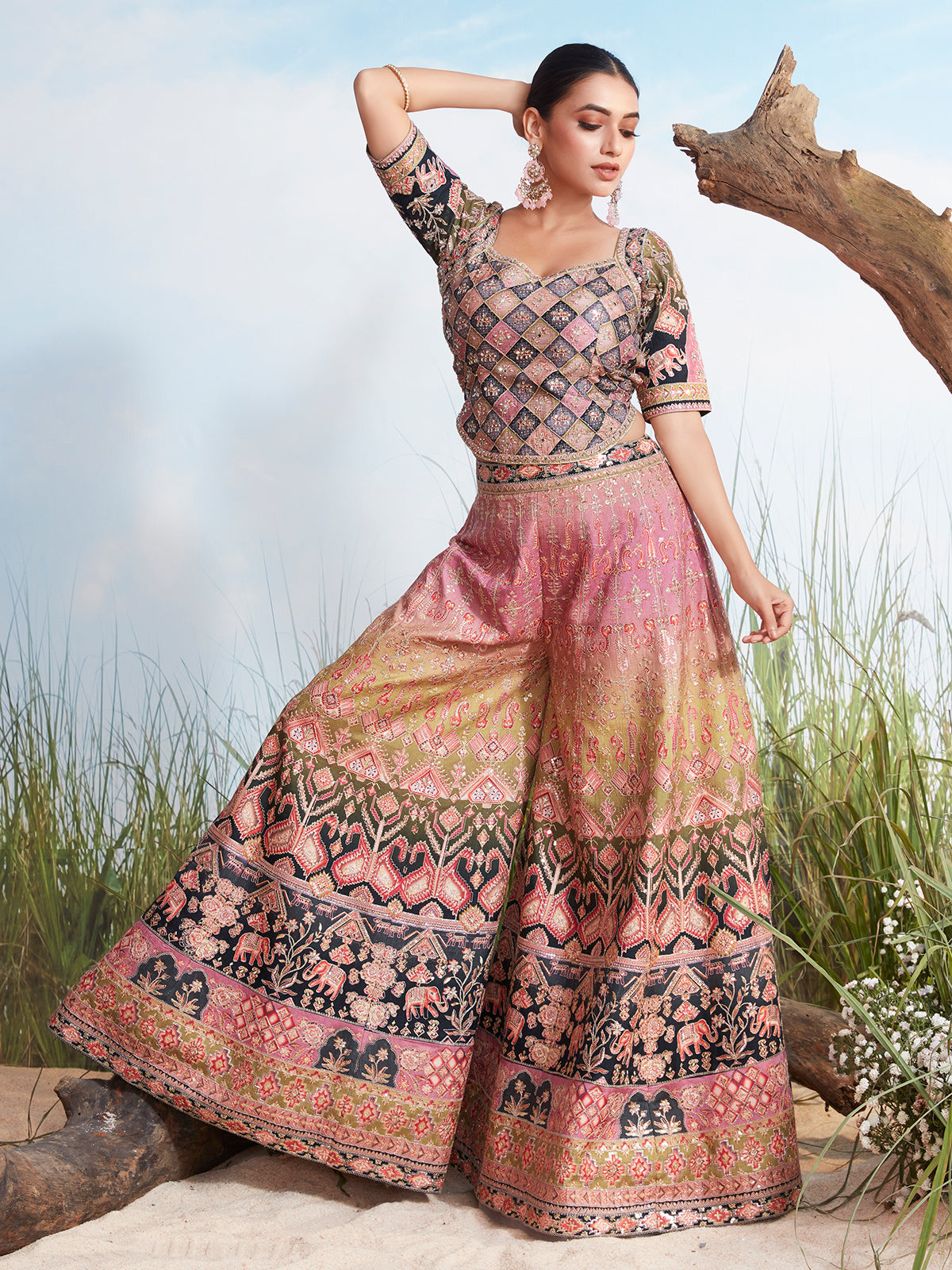 Multicolor elephant motif zari silk palazzo suit