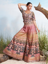 Multicolor elephant motif zari silk palazzo suit