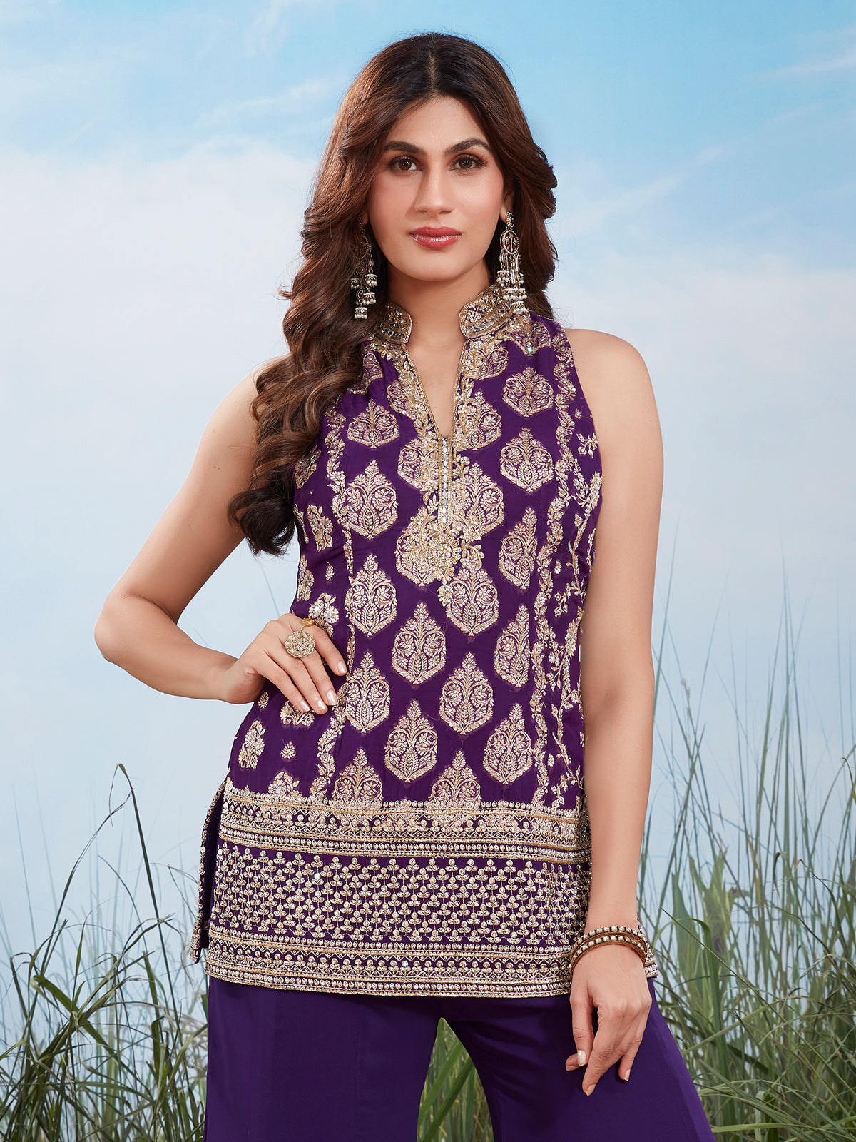 Purple silver embellished silk high neck palazzo suit