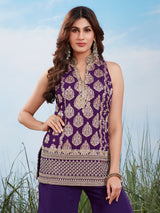 Purple silver embellished silk high neck palazzo suit