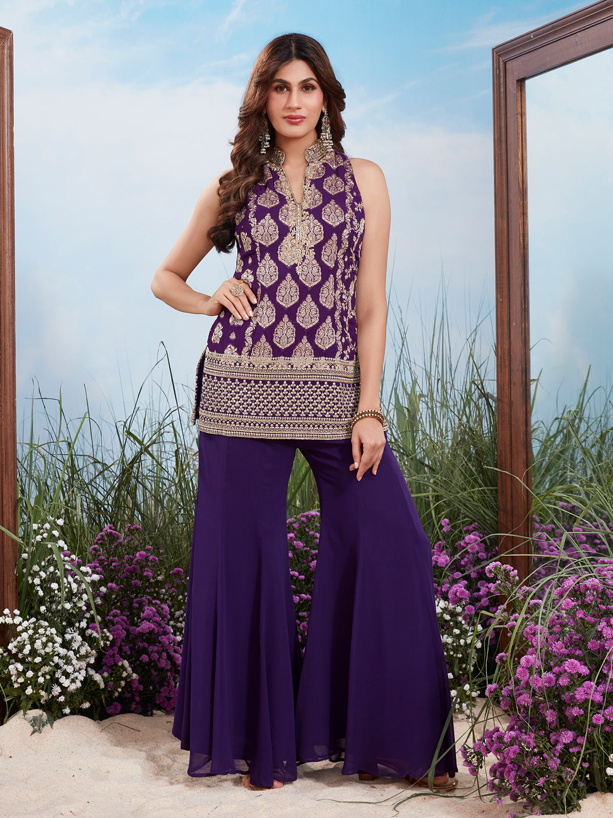 Purple silver embellished silk high neck palazzo suit