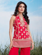 Red silver embellished silk high neck palazzo suit
