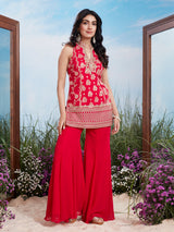 Red silver embellished silk high neck palazzo suit