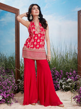 Red silver embellished silk high neck palazzo suit