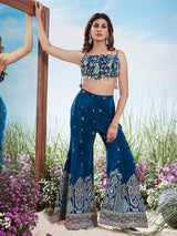 Blue indo western mirror work muslin palazzo suit