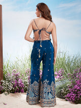 Blue indo western mirror work muslin palazzo suit