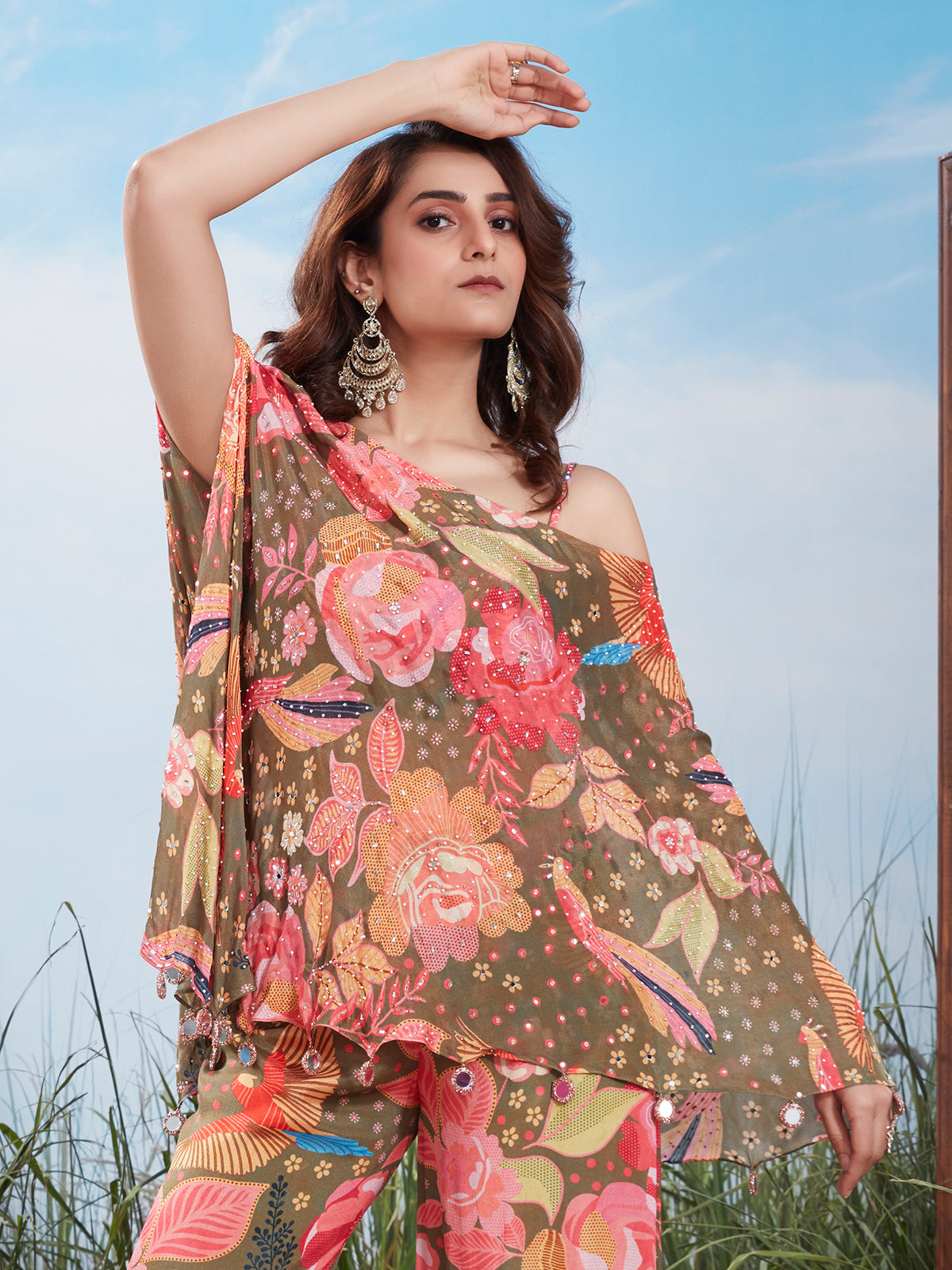Olive green floral bird print silk palazzo suit