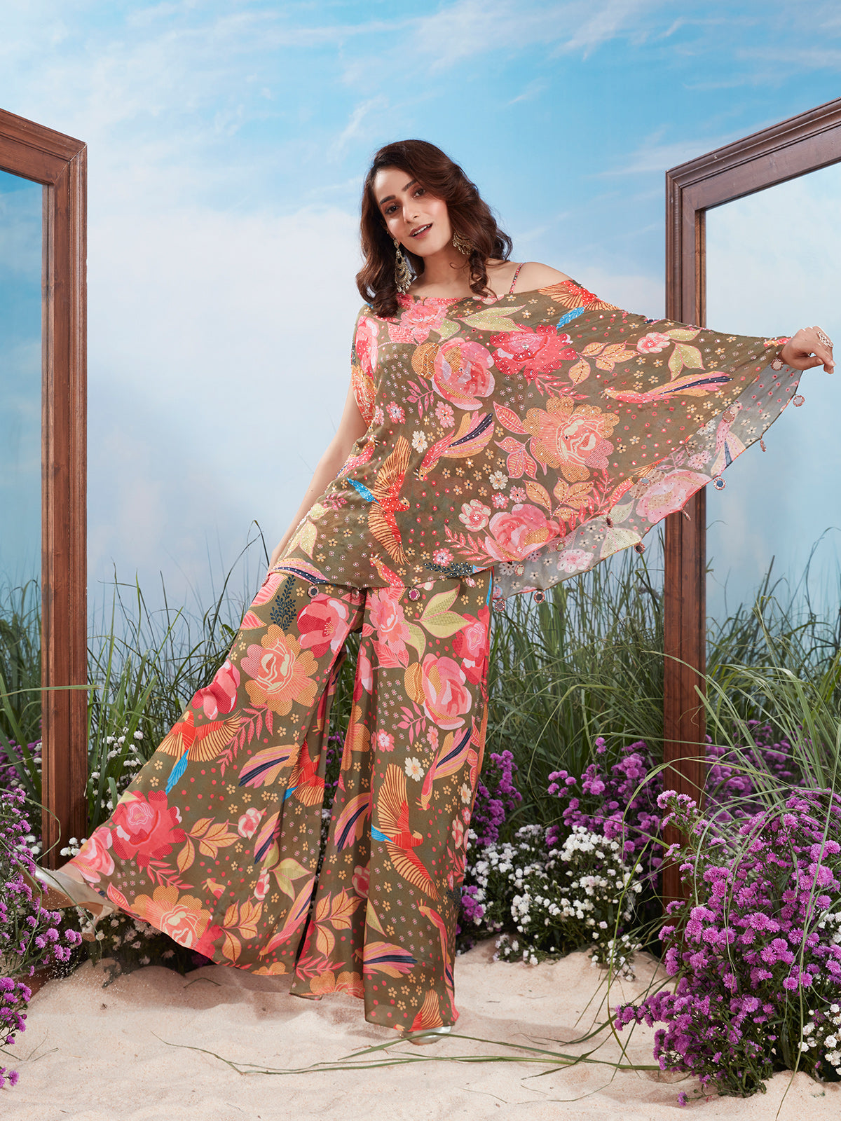 Olive green floral bird print silk palazzo suit