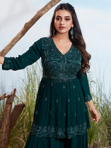 Teal blue embellished georgette palazzo suit with dupatta