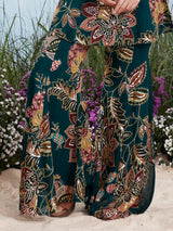 Teal green floral print georgette silk sharara suit