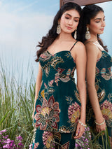 Teal green floral print georgette silk sharara suit