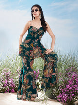 Teal green floral print georgette silk sharara suit