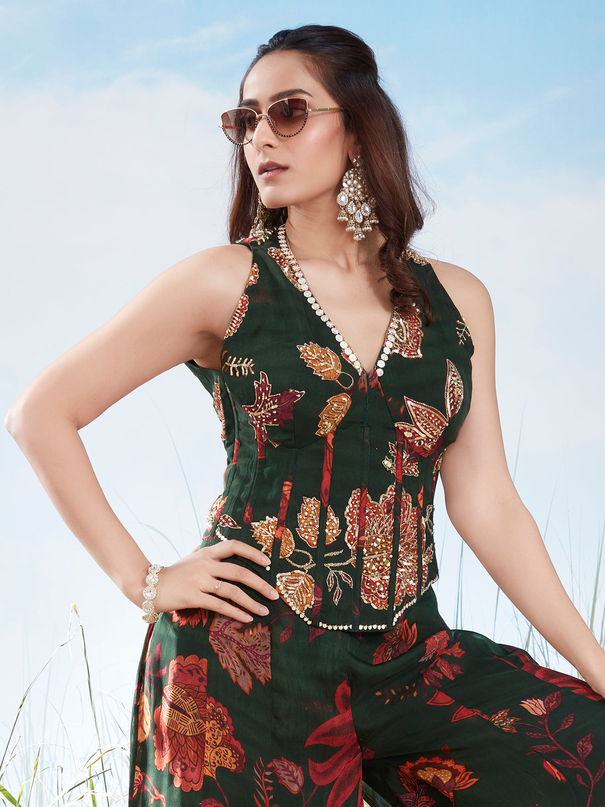 Dark green digital floral aabla work palazzo suit
