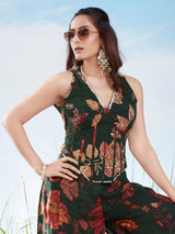 Dark green digital floral aabla work palazzo suit