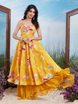 Yellow floral print pearl work silk palazzo suit
