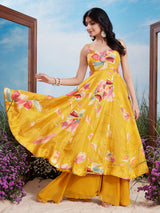 Yellow floral print pearl work silk palazzo suit