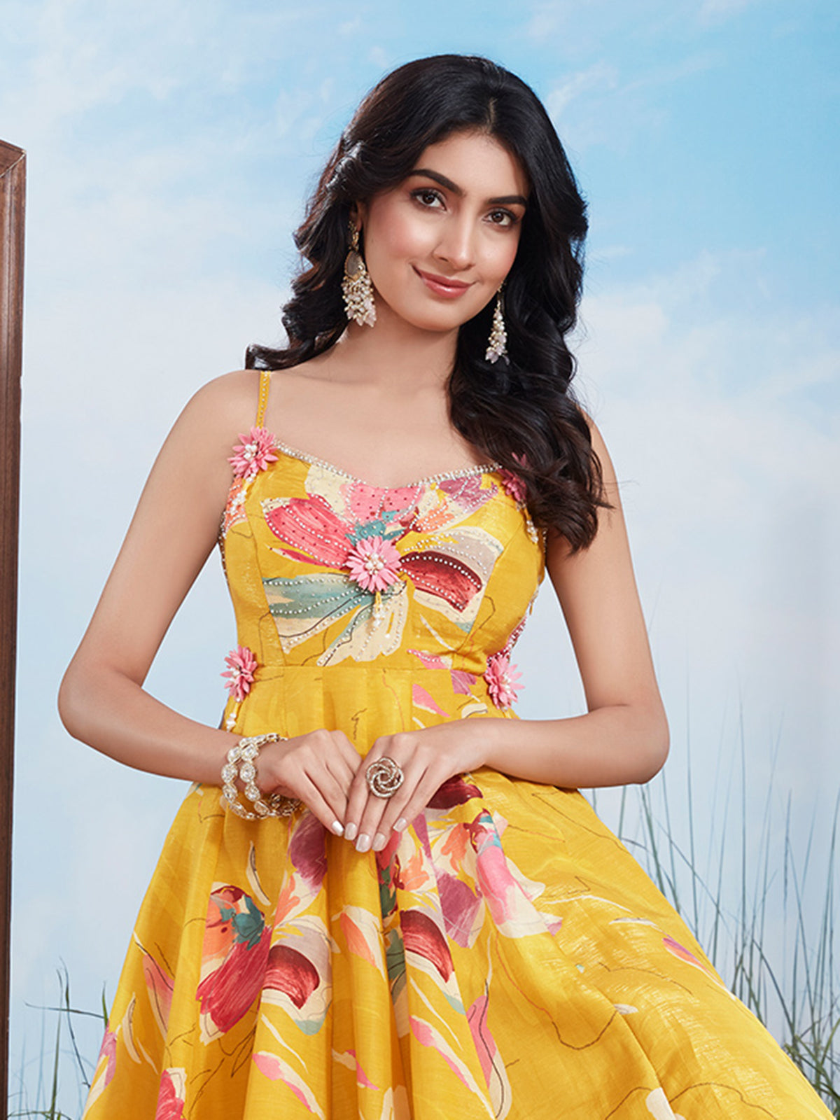 Yellow floral print pearl work silk palazzo suit