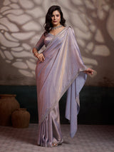 Lavendor satin silk saree with stone embellished border