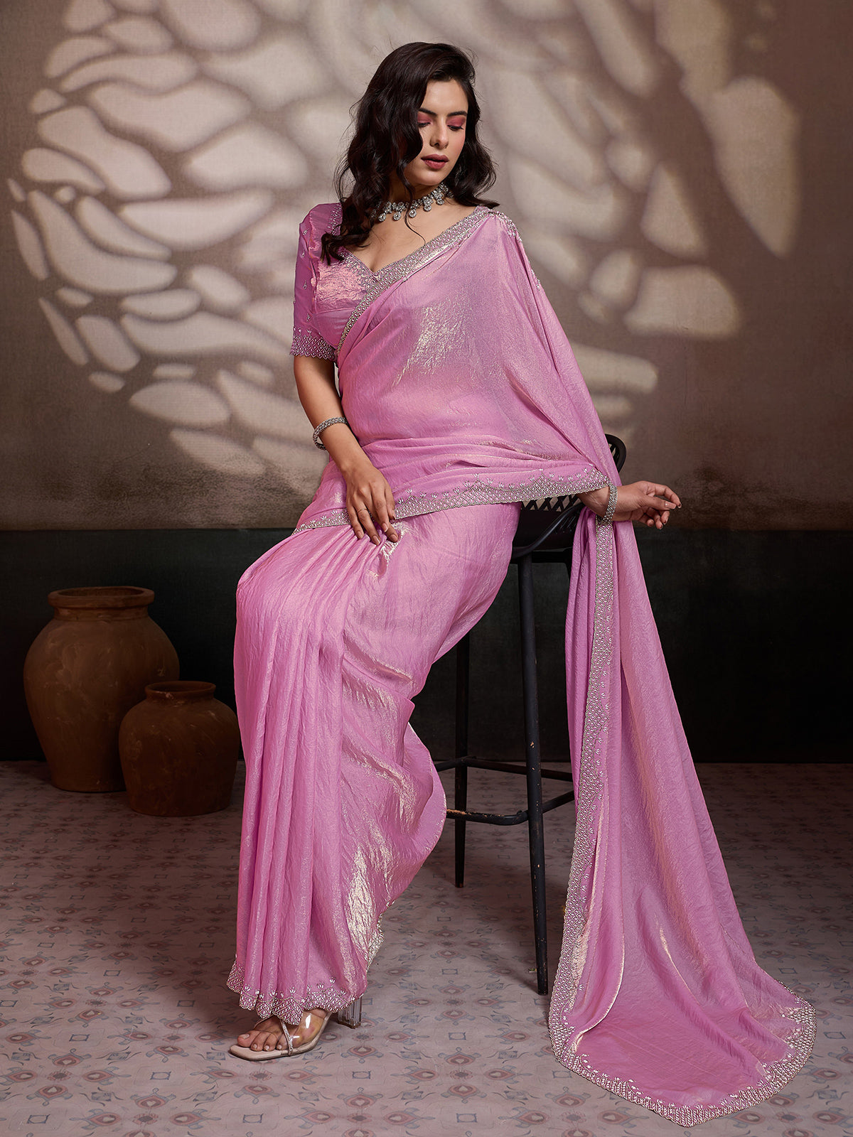 Pink party wear satin silk saree