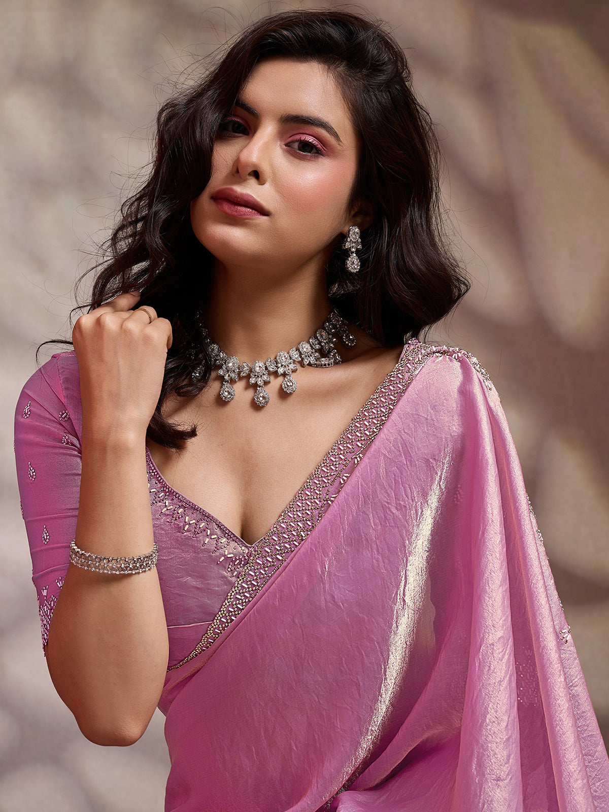 Pink party wear satin silk saree