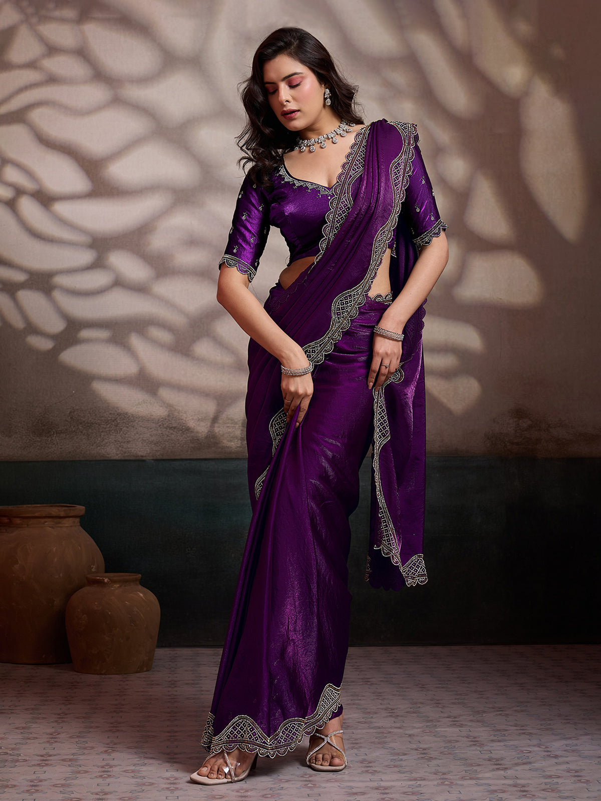 Purple stone worked satin silk saree for party wear