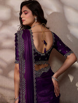 Purple stone worked satin silk saree for party wear